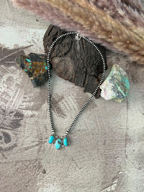 Handmade Sterling Silver Campitos Turquoise Collection: Beaded Necklace Signed Nizhoni