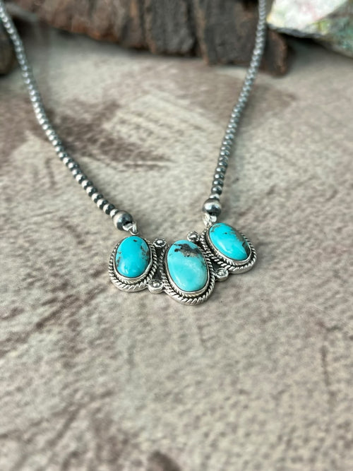 Handmade Sterling Silver Campitos Turquoise Collection: Beaded Necklace Signed Nizhoni