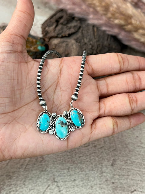 Handmade Sterling Silver Campitos Turquoise Collection: Beaded Necklace Signed Nizhoni