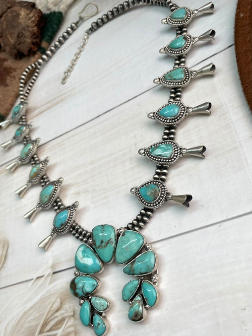 Handmade Sterling Silver Campitos Turquoise Collection: Naja Squash Blossom Beaded Necklace Signed Nizhoni
