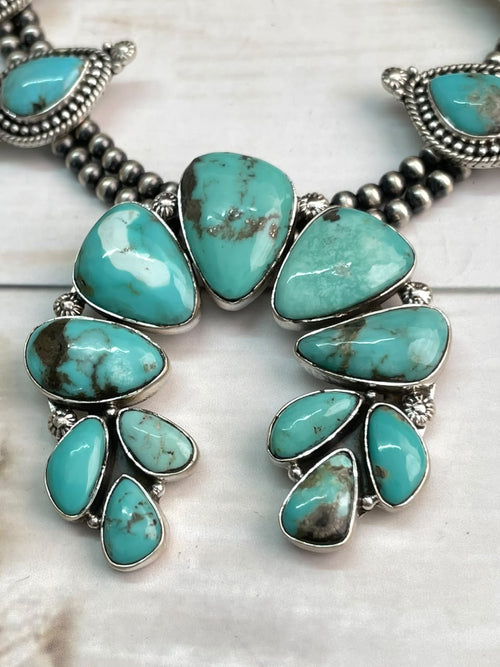 Handmade Sterling Silver Campitos Turquoise Collection: Naja Squash Blossom Beaded Necklace Signed Nizhoni