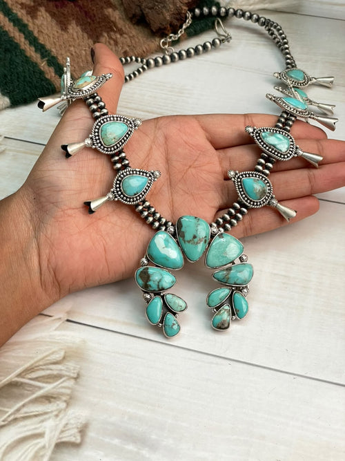 Handmade Sterling Silver Campitos Turquoise Collection: Naja Squash Blossom Beaded Necklace Signed Nizhoni