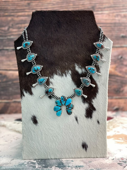 Handmade Sterling Silver Egyptian Turquoise Naja Squash Blossom Beaded Necklace Signed Nizhoni