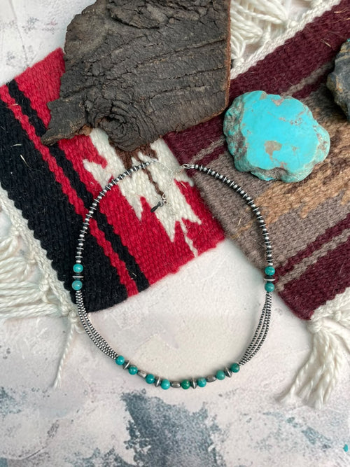 Handmade Sterling Silver Kingman Turquoise Beaded Necklace Signed Nizhoni