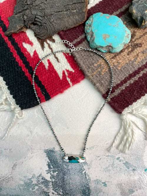 Handmade Sterling Silver Kingman with White Buffalo Turquoise Beaded Necklace Signed Nizhoni