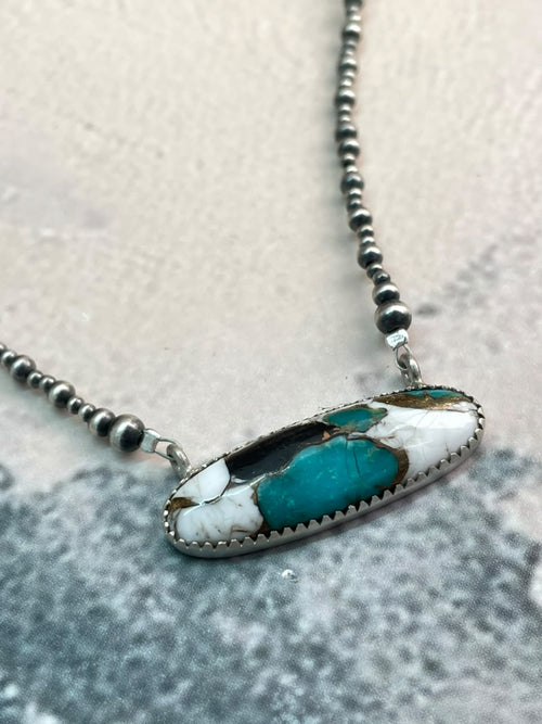 Handmade Sterling Silver Kingman with White Buffalo Turquoise Beaded Necklace Signed Nizhoni