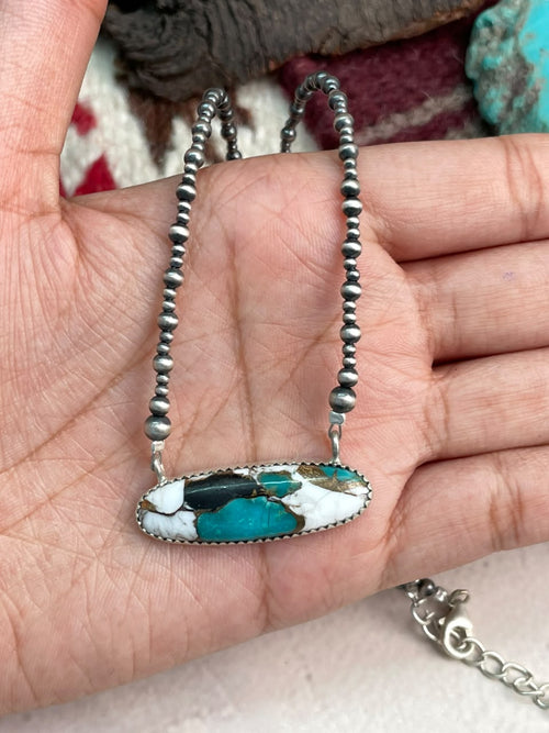 Handmade Sterling Silver Kingman with White Buffalo Turquoise Beaded Necklace Signed Nizhoni