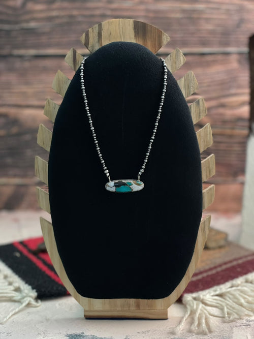 Handmade Sterling Silver Kingman with White Buffalo Turquoise Beaded Necklace Signed Nizhoni