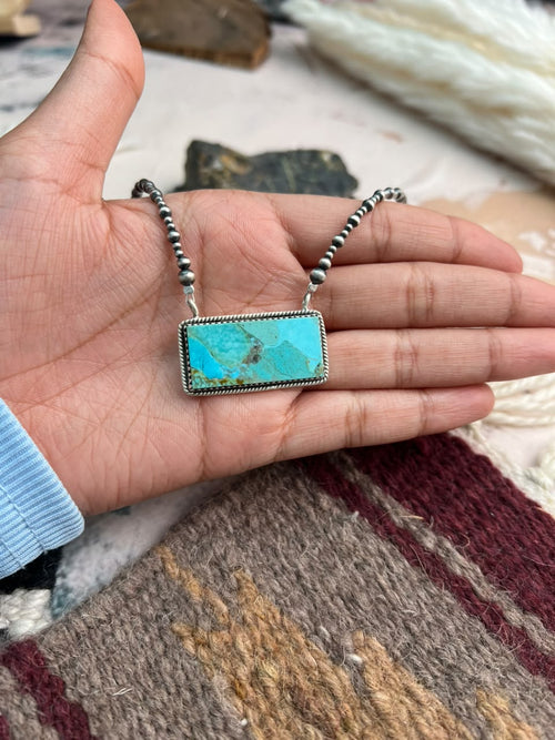 Handmade Sterling Silver Kingman Turquoise Beaded Bar Necklace Signed Nizhoni (8)