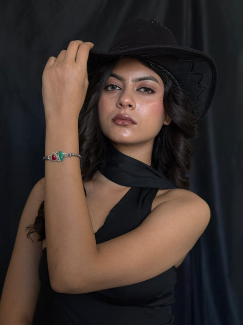 Handmade Sterling Silver Dahlia Rose with Emerald Valley Turquoise Beaded Bracelet "Signed Nizhoni"