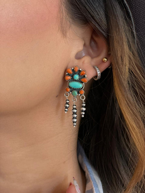 Handmade Sterling Silver Kingman Turquoise with Orange Mojave Post Dangle Beaded Earrings "Signed Nizhoni"
