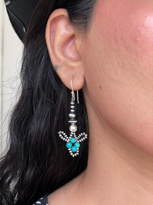 Handmade Sterling Silver Blue Kingman Turquoise Hook Dangle Beaded Earrings