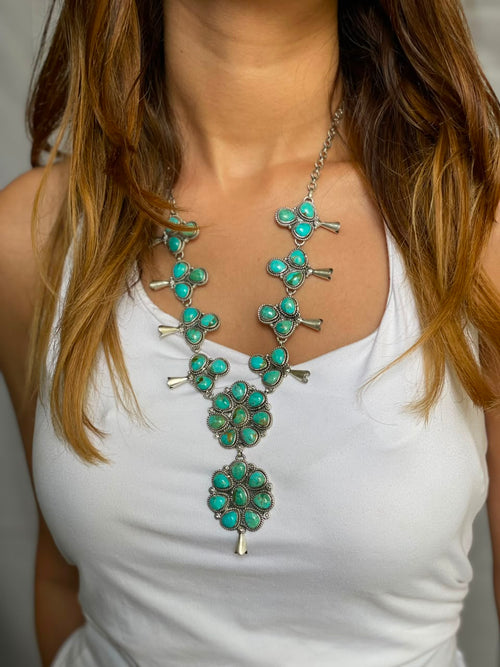 Handmade Sterling Silver Kingman Turquoise Squash Blossom Necklace Signed Nizhoni