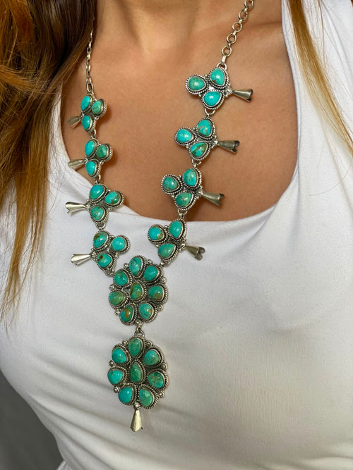 Handmade Sterling Silver Kingman Turquoise Squash Blossom Necklace Signed Nizhoni