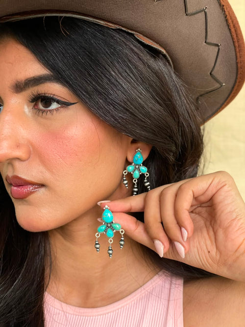 Handmade Sterling Silver Santa Maria Turquoise Post Dangle Beaded Earrings Signed Nizhoni