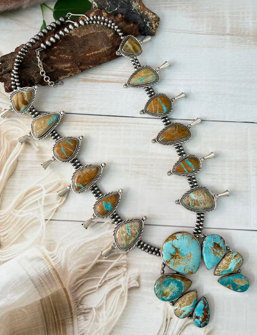 Handmade Sterling Silver Royston Ribbon Turquoise Collection: Naja Squash Blossom Beaded Necklace Signed Nizhoni