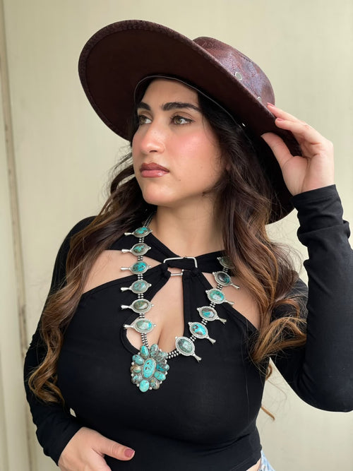 Handmade Sterling Silver Crimson Cowgirl Turquoise Collection: Beaded Squash Blossom Necklace Signed Nizhoni