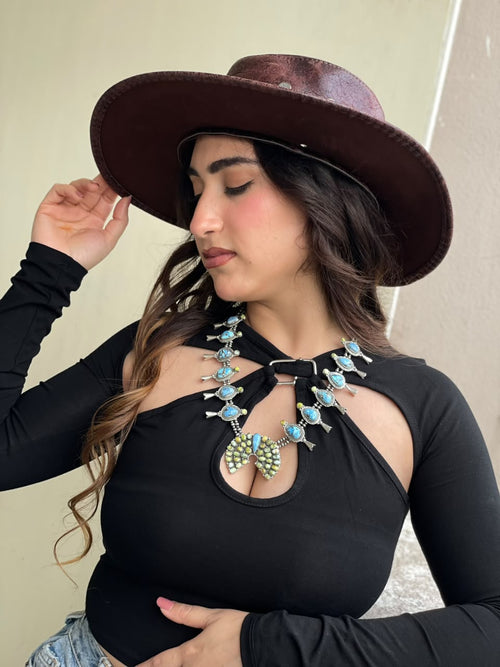 Handmade Sterling Silver Palomino with Golden Hills Turquoise Beaded Naja Necklace Signed Nizhoni