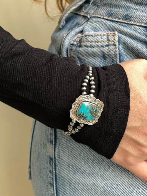 Handmade Sterling Silver Crimson Cowgirl Turquoise Collection: Stretchy Beaded Bracelet Signed Nizhoni