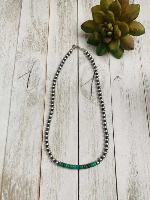 Navajo Turquoise & Sterling Silver Beaded Necklace 18”