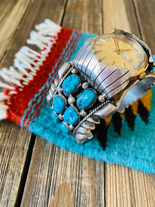 Old Pawn Vintage Navajo Kingman Turquoise & Sterling Silver Watch Cuff