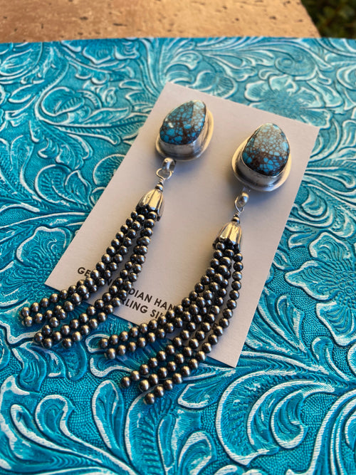 Navajo Steve Yazzie Turquoise & Sterling Silver Pearl Beaded Tassel Dangle Earrings