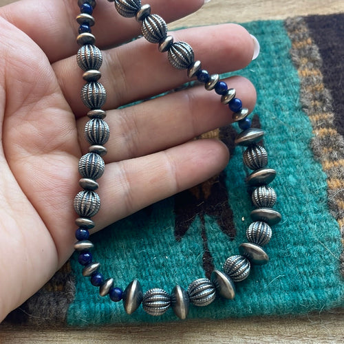 Handmade Sterling Silver & Lapis Beaded Necklace 16”
