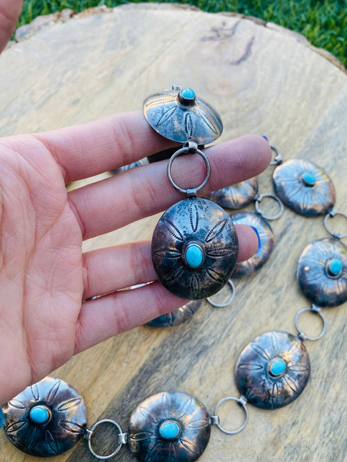 Vintage Navajo Turquoise & Sterling Silver Concho Belt