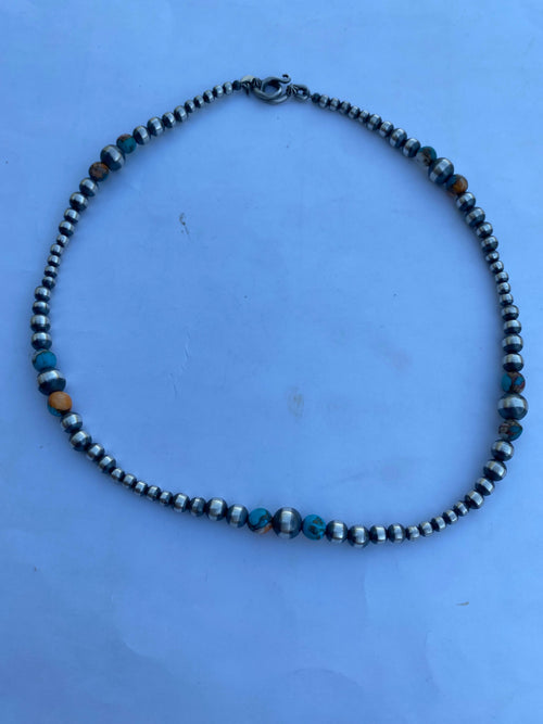 Navajo Turquoise & Spiny Spice Sterling Silver Beaded Necklace 18 inch