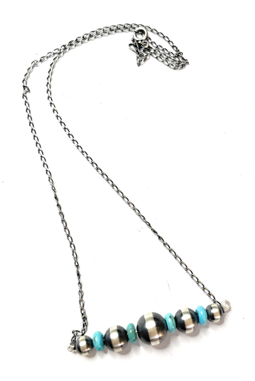 Navajo Sterling Silver And Turquoise Beaded Necklace 16inch