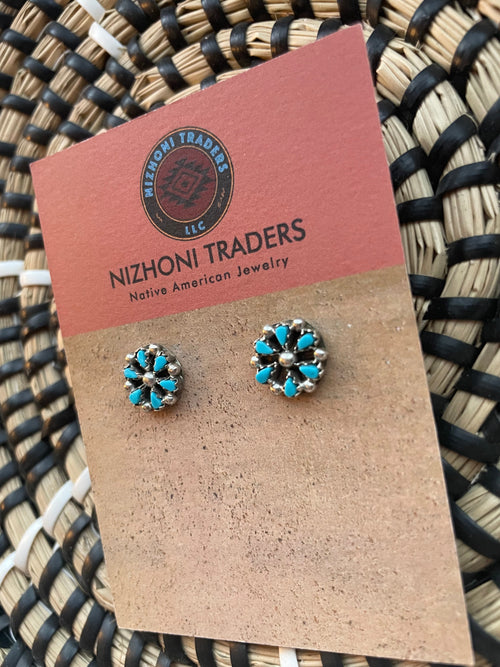 Zuni Sterling Silver & Turquoise Flower Stud Earrings