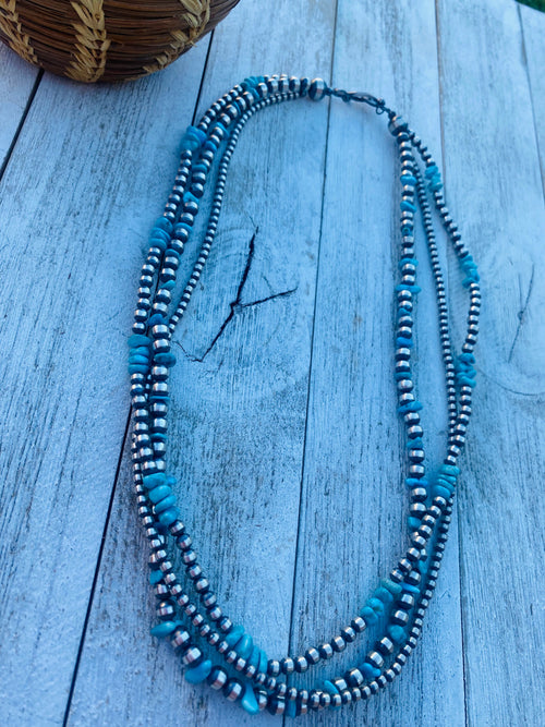 Navajo Turquoise & Sterling Silver Pearl Triple Strand Beaded 20” Necklace