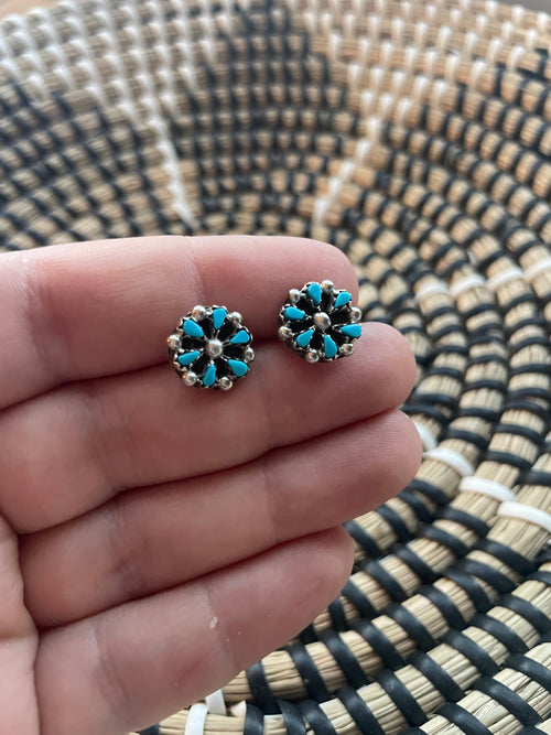 Zuni Sterling Silver & Turquoise Flower Stud Earrings