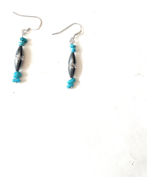 Navajo Sterling Silver Diamond Cut Turquoise  Beaded Earrings