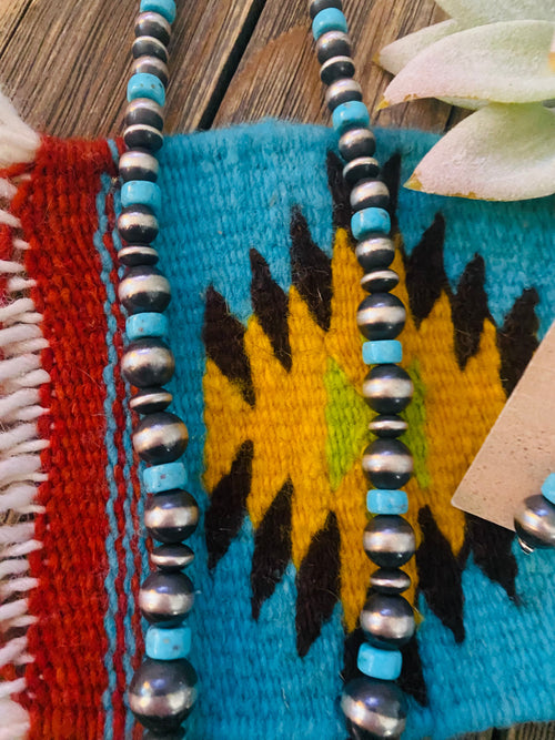 Navajo Sterling Silver & Kingman Turquoise Beaded Necklace Set