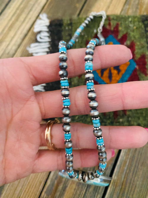 Navajo Sterling Silver & Carico Lake Turquoise Beaded Necklace