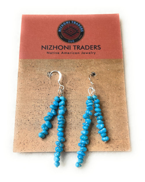 Navajo Sterling Silver & Turquoise Beaded Dangle Earrings DBL Strand