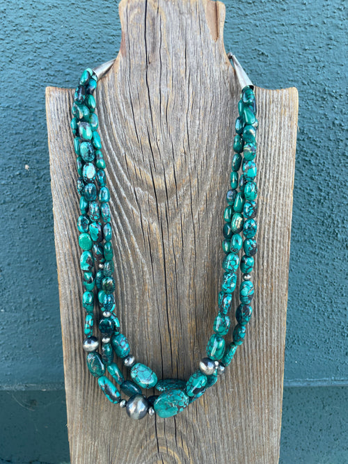 Navajo Turquoise & Sterling Silver 3 Strand Beaded Necklace