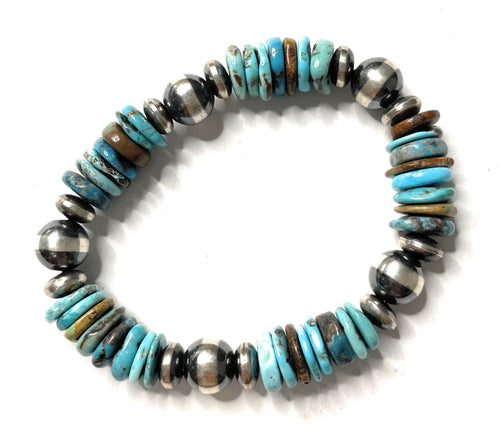 Navajo Sterling Silver Stretchy Natural #8 Turquoise Beaded Bracelet