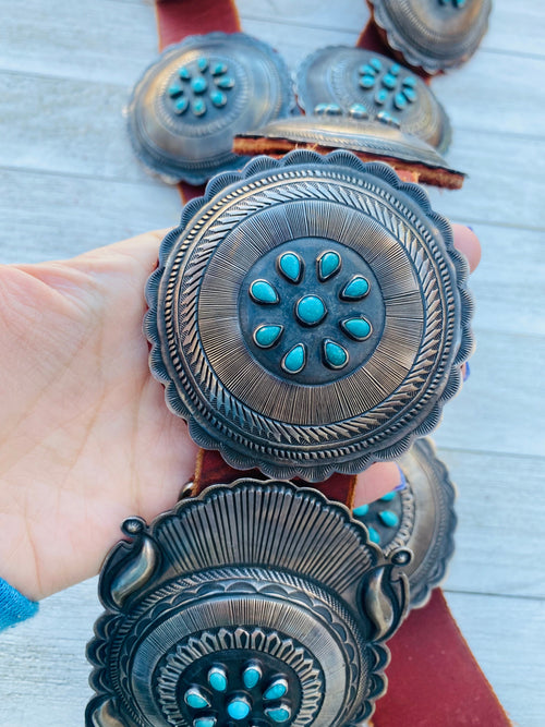 Vintage Navajo Brown Leather And Sterling Silver Turquoise Concho Belt