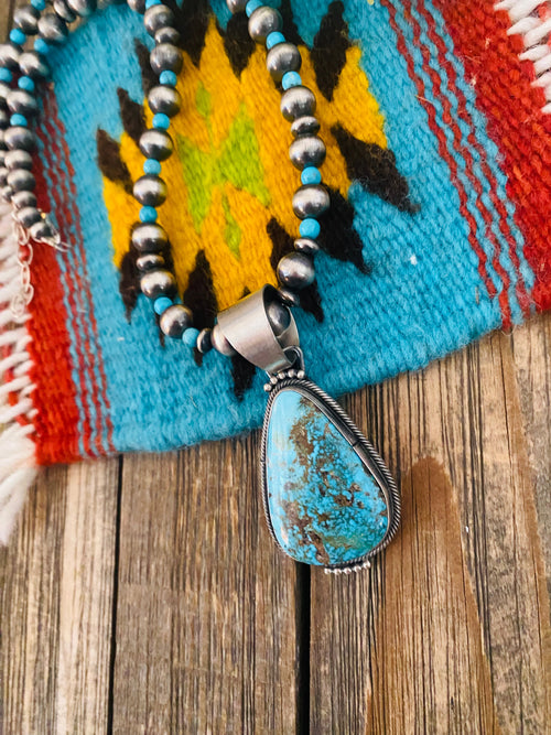 Navajo Sterling Silver & Kingman Turquoise Beaded Necklace