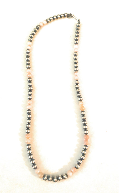 Navajo Sterling Silver Pearl & Pink Opal Beaded Necklace 30 inch