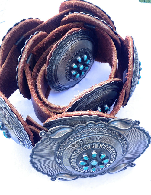 Vintage Navajo Brown Leather And Sterling Silver Turquoise Concho Belt
