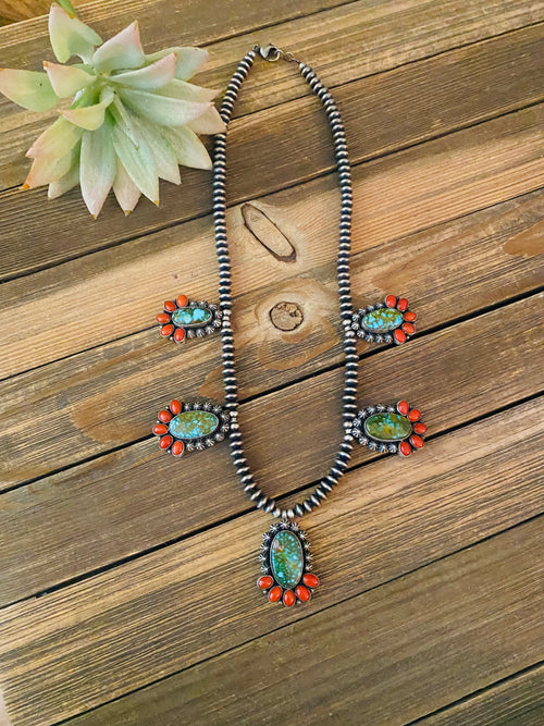 Handcrafted Sterling Kingman Turquoise & Natural Red Coral Necklace Taos Collection
