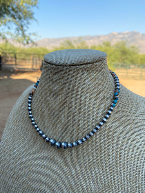 Navajo Turquoise & Spiny Spice Sterling Silver Beaded Necklace 14 inch