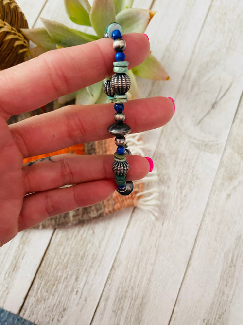 Handmade Turquoise, Lapis & Sterling Silver Beaded Stretch Bracelet