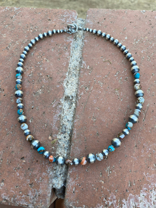 Navajo Turquoise & Spiny Spice Sterling Silver Beaded Necklace 16 inch