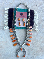 Navajo Orange Spiny And Sterling Silver Squash Blossom Necklace & Earrings Set By Selena Warner