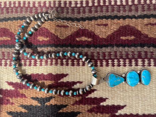 Navajo Sterling Silver Turquoise Beaded Necklace Signed Kathleen