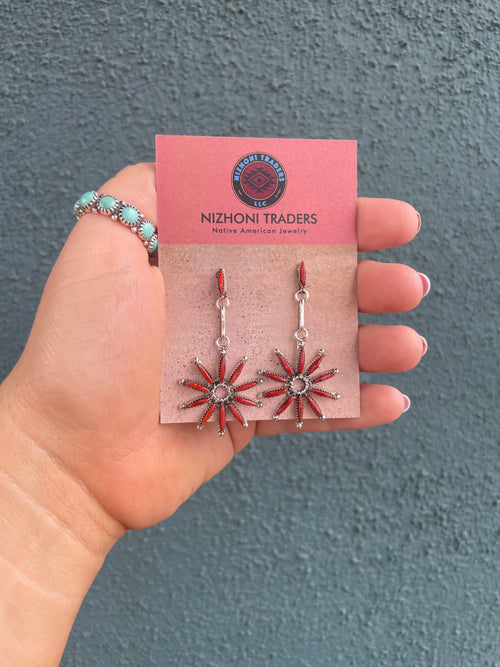 Zuni Coral And Sterling Silver Flower Dangle Earrings